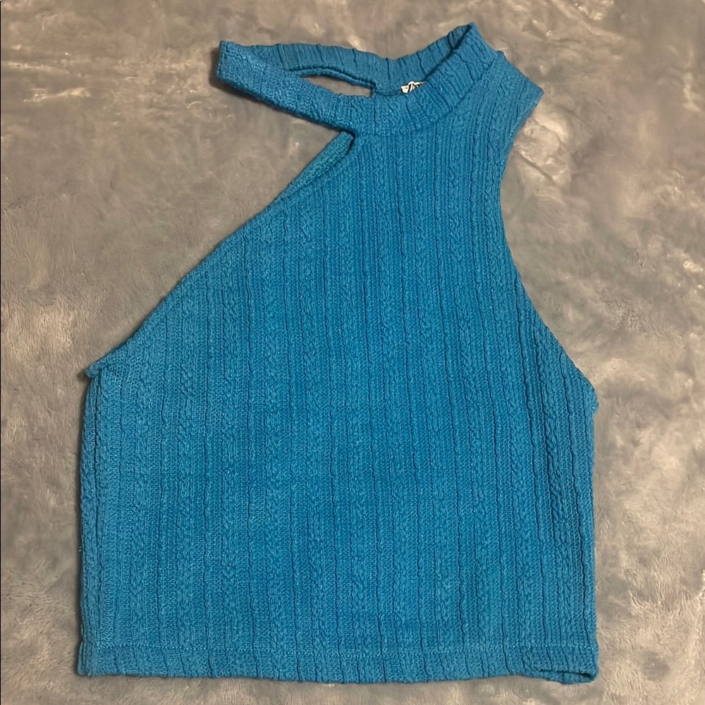Zara Asymmetrical Blue Ribbed Tank Top